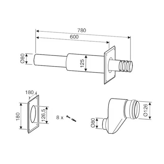 Горизонтальный комплект для отвода дым. газов, DN80/80 на DN80/125, Bosch, 7736995097