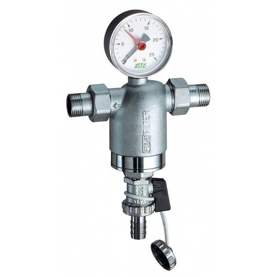 ​Фильтр FAR 1/2" НР-НР, с манометром, 300мкм, Max: 95 °C, 25 бар